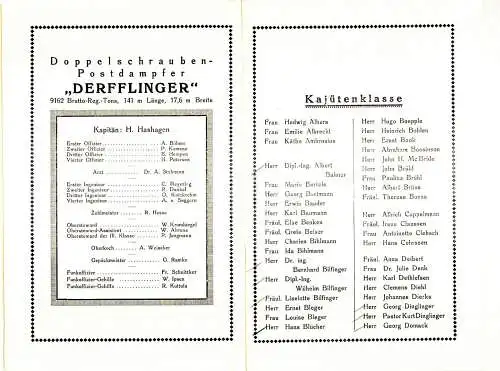 Dampfer Derfflinger,1926,Norddeutscher LLoyd Bremen,Speisekarten ,Bordbroschüre