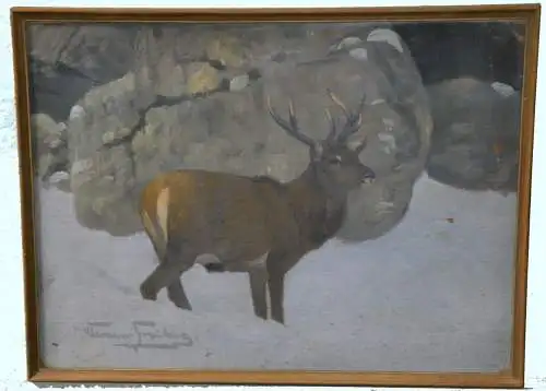 Gemälde,Öl auf Papier,Hirsch im Winterwald,sign.. Clemens Freitag,gerahmt