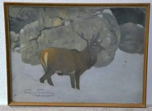 Gemälde,Öl auf Papier,Hirsch im Winterwald,sign.. Clemens Freitag,gerahmt