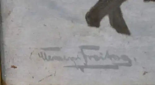 Gemälde,Öl auf Papier,Hirsch im Winterwald,sign.. Clemens Freitag,gerahmt