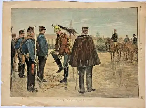 Colorierter Holzstich „Die Degradierung des Hauptmanns Dreyfus“, F. de Haenen