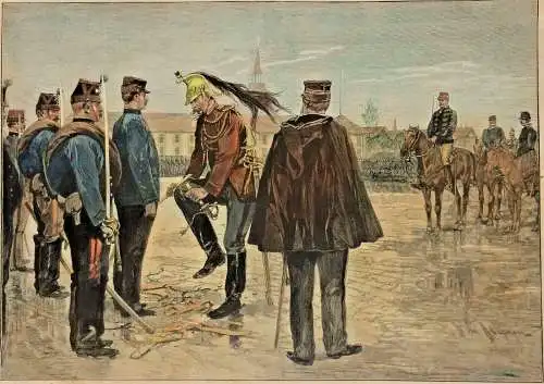 Colorierter Holzstich „Die Degradierung des Hauptmanns Dreyfus“, F. de Haenen