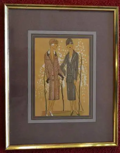 Holzschnitt, handkoloriert, Mode aus 1920, Rahmen vergoldet