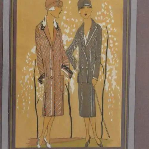 Holzschnitt, handkoloriert, Mode aus 1920, Rahmen vergoldet