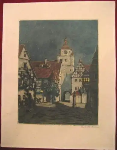 Farb-Radierung,Fritz Hartmann,Rothenburg,Stadt bei Nacht