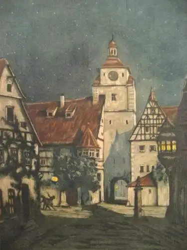 Farb-Radierung,Fritz Hartmann,Rothenburg,Stadt bei Nacht