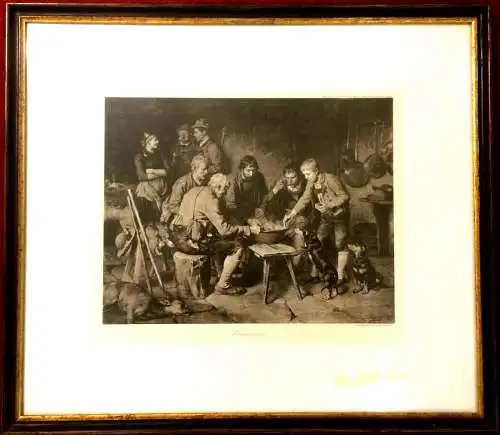 „Treibersuppe“ - Photogravur-Druck nach Franz von Defregger, gerahmt, unter Glas