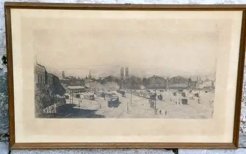 Sion Longley Wenban,Radierung,Blick auf den Münchner Hauptbahnhof (1883)