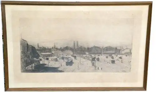 Sion Longley Wenban,Radierung,Blick auf den Münchner Hauptbahnhof (1883)