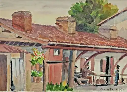 Aquarell Bauernhaus in Dax, WW II, datiert 25.V.41, signiert „F. Rast.“