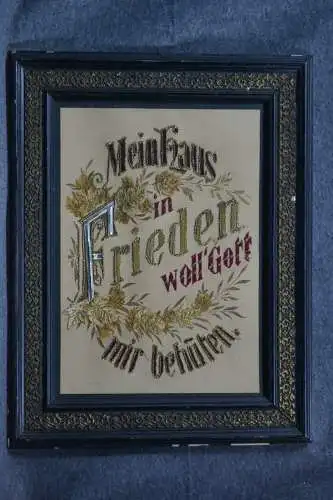 Stickbild, religiös, Sinnspruch, Gold- und Silberfäden, etwa 1850