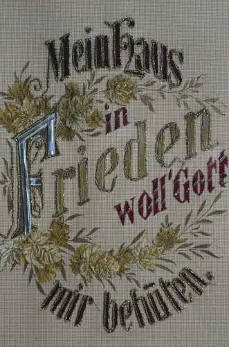 Stickbild, religiös, Sinnspruch, Gold- und Silberfäden, etwa 1850