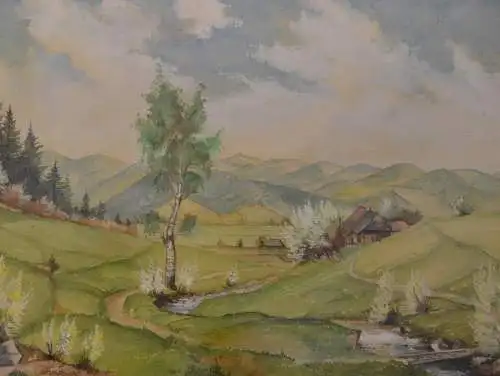 Aquarell, G. Rebstock, Landschaft mit Bauernhaus, 1945