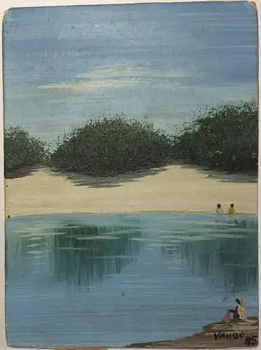 Sehr kleines Ölbild Szene an einem See, signiert, datiert 1995