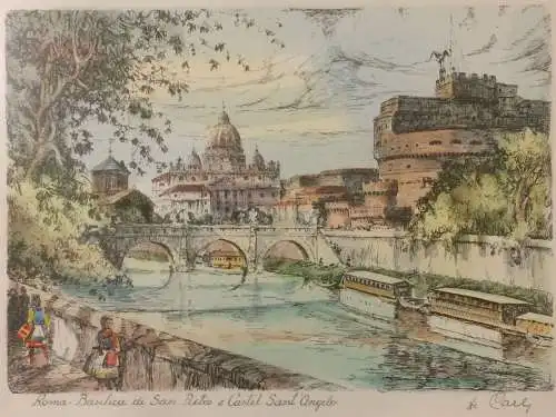 Farblithographie „Roma, Basilica de San Pietro e Castil Sant' Angelo“, signiert