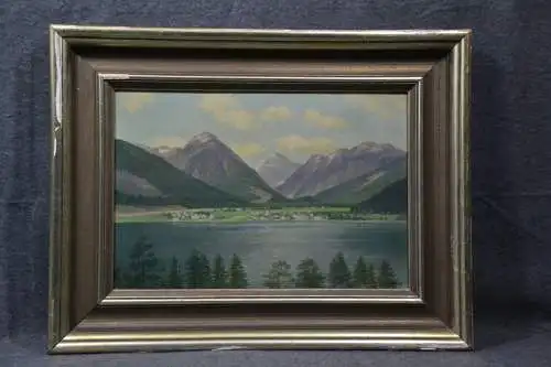 Ölgemälde, Berglandschaft mit See und Dorf, K. Darrer?1897, Zell am See