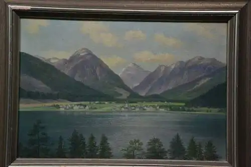 Ölgemälde, Berglandschaft mit See und Dorf, K. Darrer?1897, Zell am See