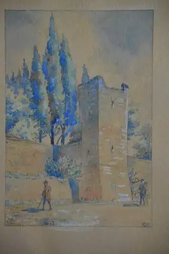 Aquarell, Stadtmauer, Architekturzeichnung, wohl Italien, sign.,  RK