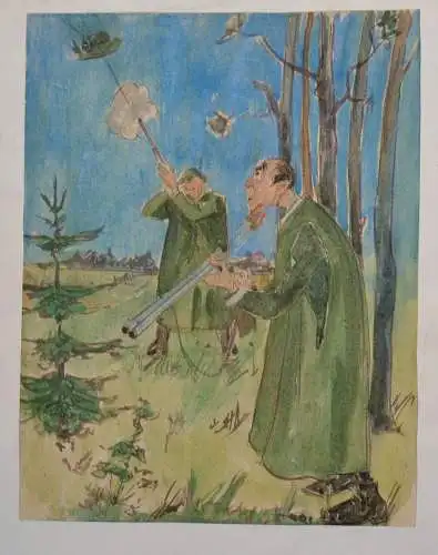 Aquarell,Karikatur 2 Waidmänner auf der Jagd nach dem Hut,unsigniert.a.Papier