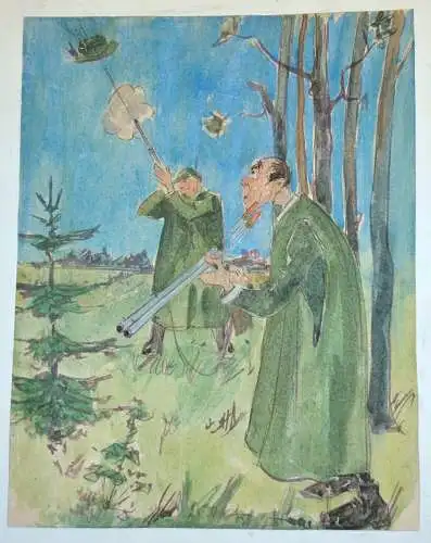 Aquarell,Karikatur 2 Waidmänner auf der Jagd nach dem Hut,unsigniert.a.Papier