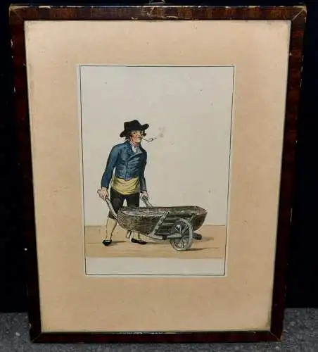 Aquarell, Fischhändler mit Schubkarren und Ware in Tracht,wohl Norddeutsch,19.Jh