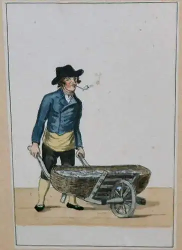 Aquarell, Fischhändler mit Schubkarren und Ware in Tracht,wohl Norddeutsch,19.Jh