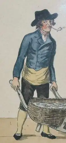 Aquarell, Fischhändler mit Schubkarren und Ware in Tracht,wohl Norddeutsch,19.Jh