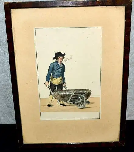 Aquarell, Fischhändler mit Schubkarren und Ware in Tracht,wohl Norddeutsch,19.Jh