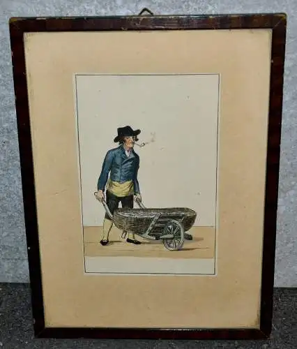 Aquarell, Fischhändler mit Schubkarren und Ware in Tracht,wohl Norddeutsch,19.Jh