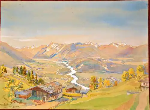 Landschaft,Voralpen,Mischtechnik,Aquarell,Gouache,sign. R. Caspar auf Papier