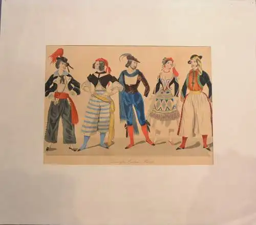 Lithografie,Handkoloriert,1842,wohl spanische Trachten,am linken Rand Ausriß