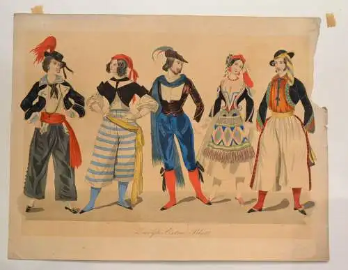 Lithografie,Handkoloriert,1842,wohl spanische Trachten,am linken Rand Ausriß