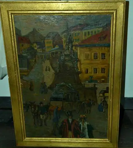 Ölbild, Sperrholz,Monog.H.SK ( Helmut Skarbina) Belebter Platz , wohl um 1920