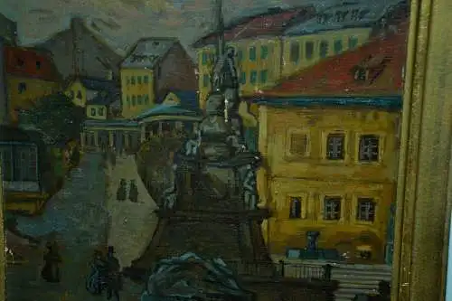 Ölbild, Sperrholz,Monog.H.SK ( Helmut Skarbina) Belebter Platz , wohl um 1920