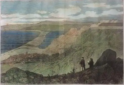 Colorierter Stahlstich „VIEW OF THE CHESIL BANK FROM PORTLAND HEIGHTS“