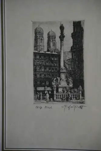 Radierung, Prof. Probst, München Mariensäule, Original, ca. 1950