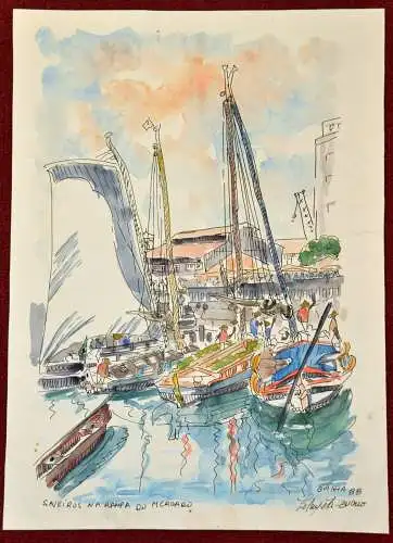 Aquarell,Fischerhafen,Saveiros Na Rampa+Merca,Bahia,Brasilien,sign. Lefayet,1988