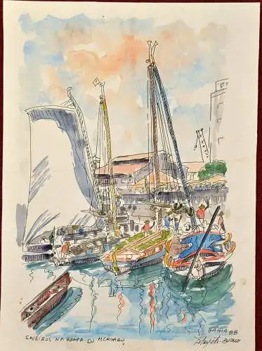 Aquarell,Fischerhafen,Saveiros Na Rampa+Merca,Bahia,Brasilien,sign. Lefayet,1988