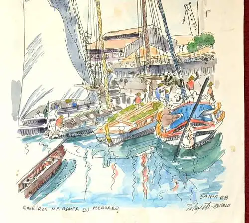 Aquarell,Fischerhafen,Saveiros Na Rampa+Merca,Bahia,Brasilien,sign. Lefayet,1988