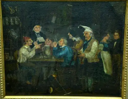 Ölbild, klein, auf Blech gemalt, dat.1730, Wirtshausrunde, Mann mit Narrenkappe