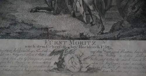 Stahlstich, Fürst Moritz nach Überfall bei Holzkirch,1758, del C. Hampe