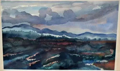 Aquarell ,Papier, Landschaft mit Wald und Bergen im Hintergrund,o.R. Sign. u.dat