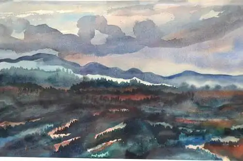 Aquarell ,Papier, Landschaft mit Wald und Bergen im Hintergrund,o.R. Sign. u.dat