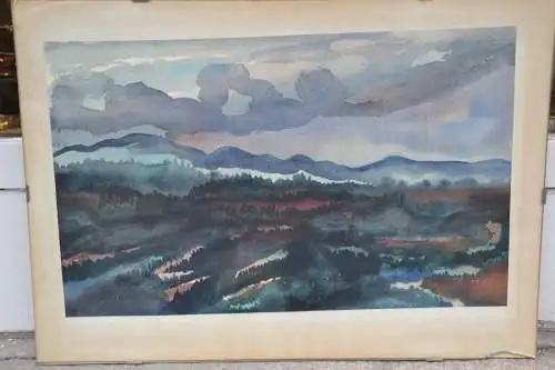 Aquarell ,Papier, Landschaft mit Wald und Bergen im Hintergrund,o.R. Sign. u.dat