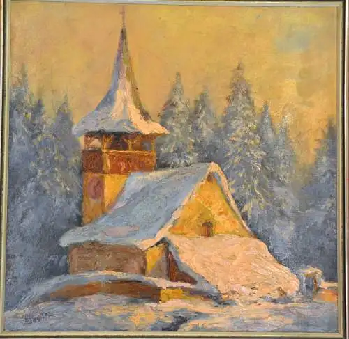 Ölbild, Gemälde,sign. Otto Stieglitz, Abendsonne über St Nikolaus,Davos Glaris