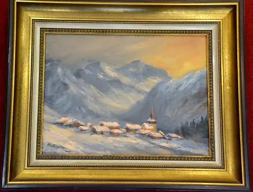 Ölbild, Gemälde,sign. Otto Stieglitz, Winterabend über Davos Sertig Dörfli