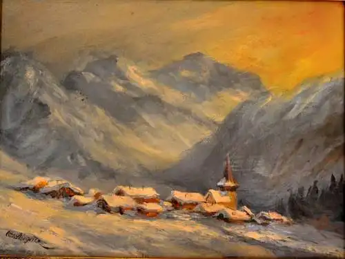 Ölbild, Gemälde,sign. Otto Stieglitz, Winterabend über Davos Sertig Dörfli