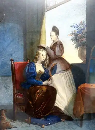 Lithografie,koloriert,3 St.,spätes Biedermeier,schwarer Holzrahmen,Familienleben