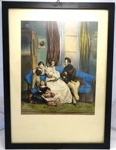 Lithografie,koloriert,3 St.,spätes Biedermeier,schwarer Holzrahmen,Familienleben