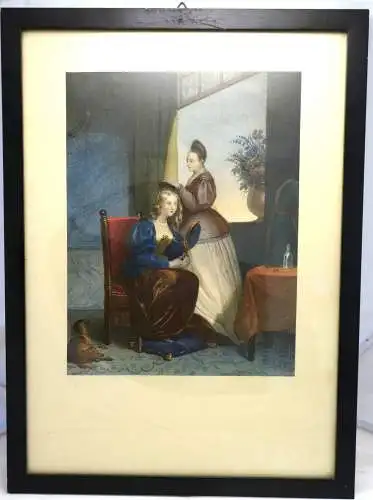 Lithografie,koloriert,3 St.,spätes Biedermeier,schwarer Holzrahmen,Familienleben